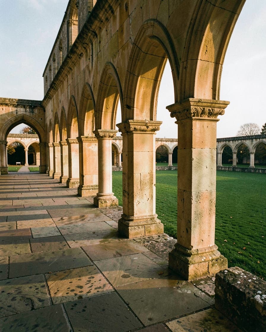 A stone cloister colonnade running away from the camera beside a lawn