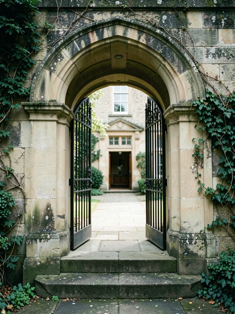 An arched stone gateway with its iron gate standing open onto a sunlit courtyard